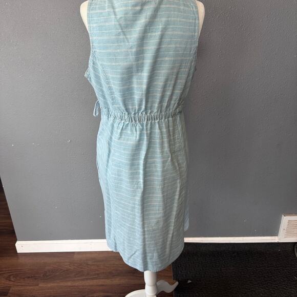 Freedom Trail By Kyodan Linen Blend Dress Sz M Faux Wrap Sleeveless Blue Stripe - Picture 4 of 6